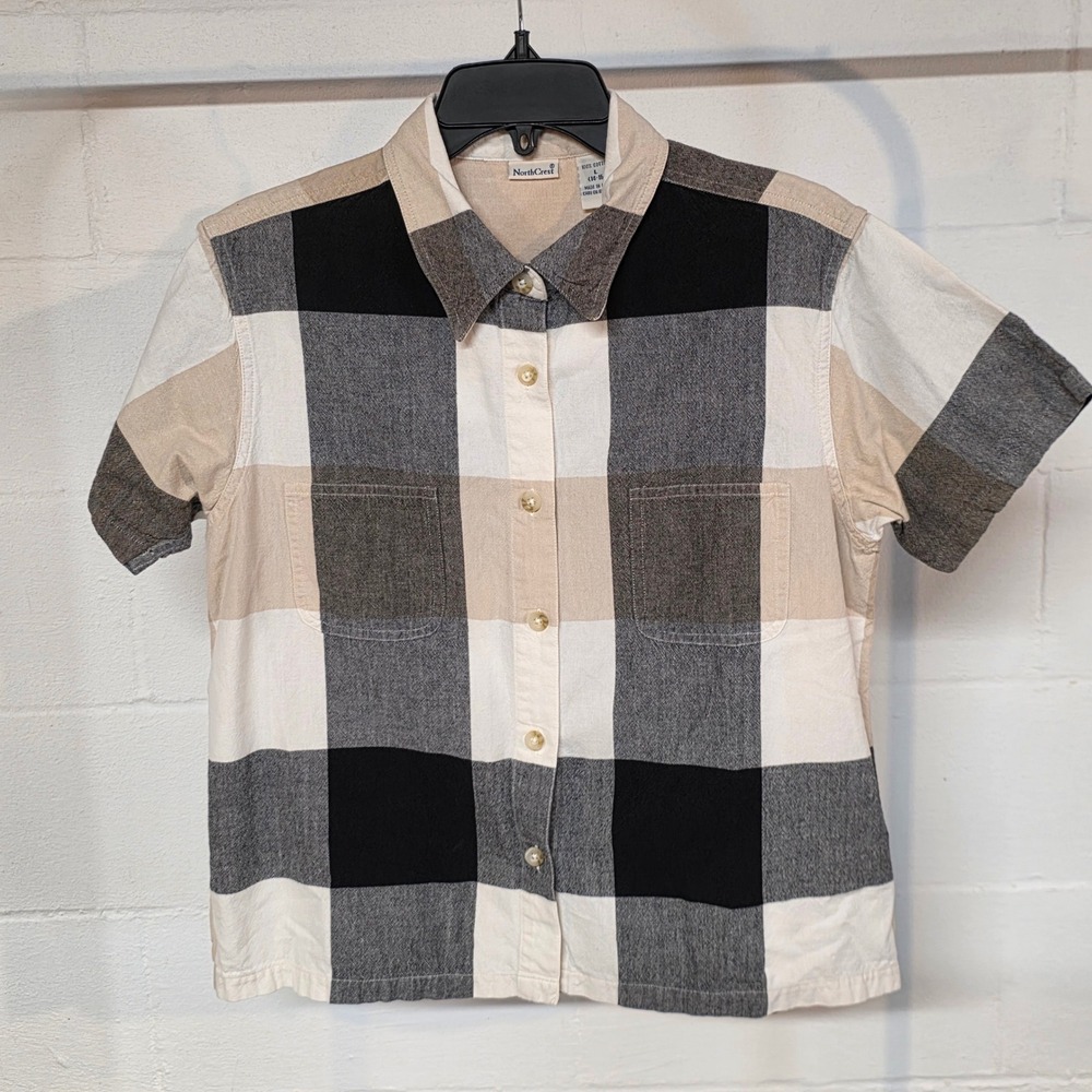 Vintage NorthCrest Womens L Buffalo Plaid Short Sleeve Cotton Button Shirt